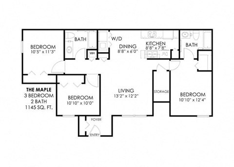Floor plan for 3 beds, 2 baths, 1145 sqft